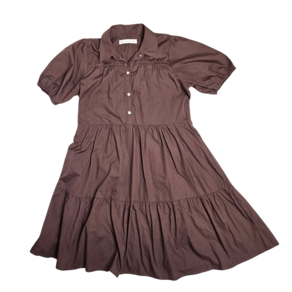 ABERCROMBIE & FITCH brown tiered‎ puff sleeve poplin trapeze mini dress S - Picture 3 of 12